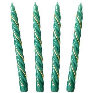 Auswahl Farbe + Menge - gold verzierte Spiralkerze Spitzkerze Stabkerze Renaissancekerze Tafelkerze Leuchterkerze ca. Ø 22 x 220 mm gedreht hier: 4 Kerzen tannengrün/dunkelgrün (matt) / gold