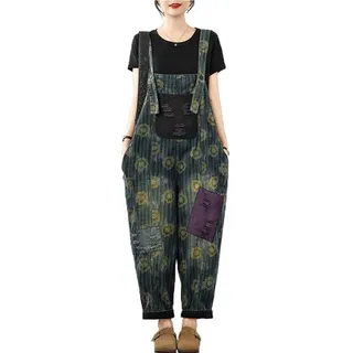 GHAKKE 2025 Damen-Latzhose Aus Denim Mit Retro-Blumenmuster Lässiger Baggy-Jeans-Overall Haremshose Mit Tiefem Schritt(XX-Large)