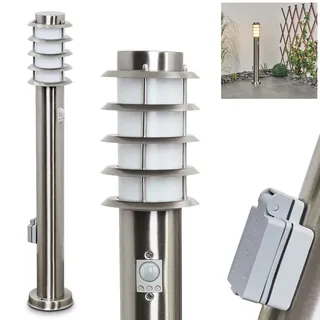 HOFSTEIN Wegeleuchte Tunes, Außenwegeleuchte mit Bewegungsmelder und Steckdose aus Metall/Kunststoff in Nickel-matt/Weiß, moderne Außenleuchte für Garten, Außenbereich, Hof, Terrasse, 80 cm, E27, IP44
