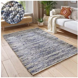 TaraCarpet Wollteppich TaraCarpet Neuberg handgewebter Schurwollteppich aus gewalkter Wolle, rechteckig, Höhe: 15 mm, Handgewebt Teppich blau Wohnzimmer Schlafzimmer 170x230 cm blau 170 cm x 230 cm x 15 mm