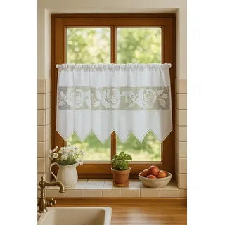 Hossner Fenstervorhang aus Baumwolle mit handgehäkelter Spitze – romantischer Vintage-Look BxH 125x55 cm