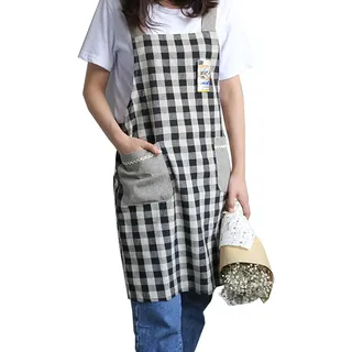 Cheerlife kariert Küchenschürze Baumwolle für Frauen Gartenschürze Chef Cafe Backen Schürze mit 2 Taschen (Schwarz kariert)