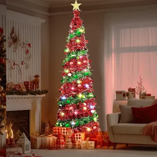 1.5m Weihnachtsbaum Künstlich, Faltbarer Weihnachtsbaum mit Beleuchtung Künstlicher Weihnachtsbaum mit Ständer, Enthalten 5 Meter Lichterkette und Top Stern, Weihnachtsdekoration für Wohnung, Veranda