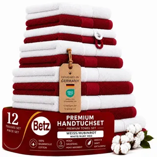Betz Premium Handtuch-Set 12-teilig – 100% Baumwolle – Oeko-TEX® Zertifiziert – hohe Grammatur – Duschtücher, Handtücher, Gästetücher & Waschhandschuhe Farbe weiß/rubinrot