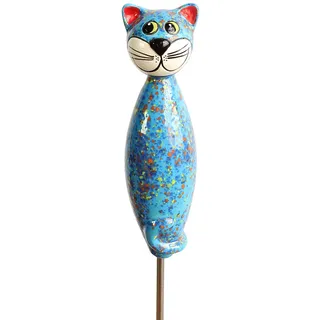 Manufaktur Lichtbogen Gartenfigur Katze aus Keramik 30 cm Dekofigur getöpferte Gartendeko hellblau