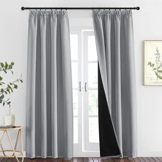 PONY DANCE Doppellagige und Dicke Vorhänge Hitzeschutz Thermovorhang mit Kräuselband für Schiene Gardinen Blickdicht 2er Set H 260 x B 140 cm Verdunklungsvorhänge für Schlafzimmer, Silbergrau