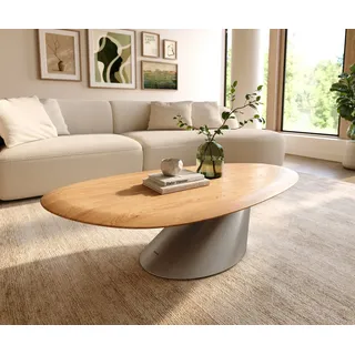 DELIFE Couchtisch Edge, Oval 140x75 cm Eiche Natur Runde Kante Conis Edelstahl gebürstet beige 140 cm x 34 cm x 75 cm