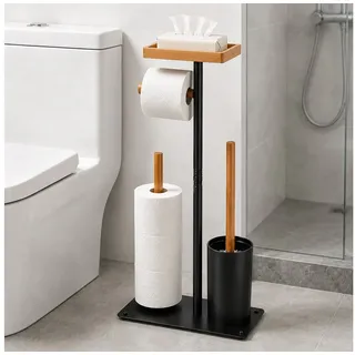 BlingBin Toilettenpapierhalter Stehender Toilettenpapierhalter aus Edelstahl mit oberer Ablage (1er Set, 1-St., 15 × 26 × 62 cm), Platz für 4 Ersatzrollen, ohne Bohren für Badezimmer und WC schwarz