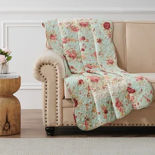 Greenland Home Antique Rose – klassisches, traditionelles Blumenmuster – 100% Baumwolle, gesteppt, Überwurfdecke, 127 x 152,4 cm, Blau