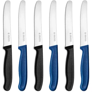 targzier Tafelmesser 6 Stück,Messerset zum Schneiden,6er Pack Tomatenmesser,Frühstücksmesser mit Wellenschliff,Bunt Brotmesser,scharfe Messer für Brotzeit,22 cm,Schwarz und Blau