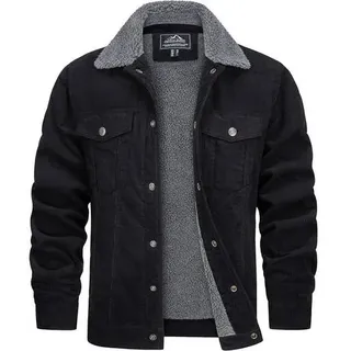 Herren Gefütterte Cordjacke Warm mit Teddyfell-Kragen Schwarz