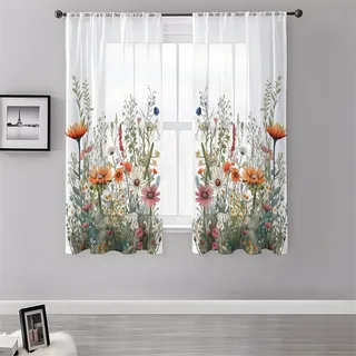 Surwin Vorhänge Wohnzimmer,Florale Pflanzendrucke Scheibengardinen, Gardinen mit ösen, 2er Set Vorhänge, Modern Transparent Tüll Gardine Wohnzimmer für Küche Fenster (Gänseblümchen,130x241cm)