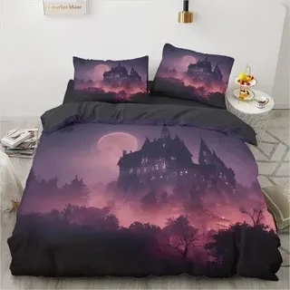 Bettwäsche-Set 200x220 cm Mikrofaser Lila Schloss Mond 3D Halloween