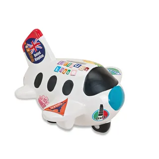 Weiße Spardose in Flugzeug-Form | Sparbüchse perfekt als Reisekasse geeignet | Urlaubsflieger mit bunten Urlaubsstickern | abschließbares Sparschwein mit Schlüssel & Schloss | Tolle Geschenk-Idee