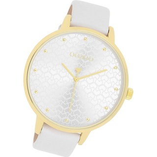 OOZOO Quarzuhr Oozoo Damen Armbanduhr Timepieces, Damenuhr Lederarmband weiß, rundes Gehäuse, extra groß (ca. 48mm) weiß