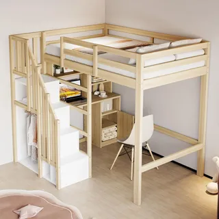 Merax Hochbett 90x200 cm, Massivholzrahmen, mit Arbeitstisch, Regalen & Schränken, sicherer Stauraum-Treppe, platzsparendes Jugendbett/Kinderbett, Holzfarbe (ohne Matratze)