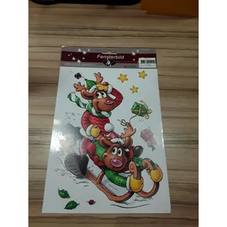 XL Kinder Fensterbild BUNT 2 lustige Rentiere auf Schlitten Weihnachten Sterne