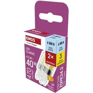EMOS - G9 LED Lampe CLASSIC, 2er Pack - 4,2 Watt ersetzt 40 Watt Halogenlampe - G9 Pin Lampe JC mit Helligkeit 470 Lumen - Kaltweiß 6500 Kelvin - langlebig 30000 h - 300° Abstrahlwinkel - SMD LEDs