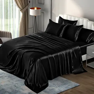 P Pothuiny 6-teiliges Queen-Satin-Bettwäsche-Set, seidig-schwarz, 1 Spannbettlaken mit tiefen Taschen + 1 Bettlaken + 4 Kissenbezüge