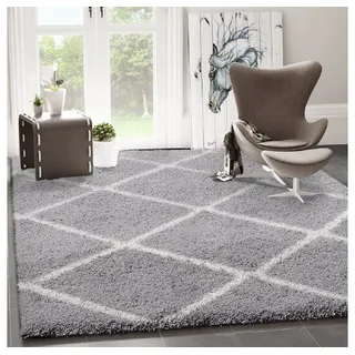 Vimoda Hochflor-Läufer Shaggy Wohnzimmer Rautenmuster Weiss, Rechteckig, Höhe: 30 mm, Langflor, Rauten muster, Skandi Design in Creme grau|weiß Rechteckig | 120 cm x 170 cm x 30 mm