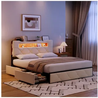 Simurq Polsterbett 140 x 200 mit LED und Stauraum Doppelbett mit 4 Schubladen (Jugendbett mit Ladestation, 2 USB- & 1 Typ-C, Samt, Keine Matratze), Stauraumbett mit Lattenrost, Doppelbett Schlafzimmer mit Kopfteil beige 140 cm x 200 cm
