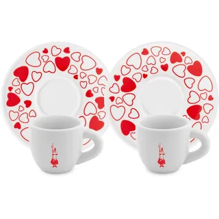 Bialetti Set 2 Tassen Moka Herz (mit Untertassen), Porzellan, rot/weiß