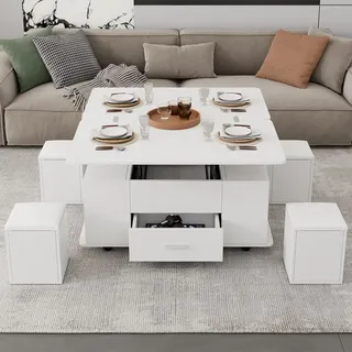Merax Couchtisch Höhenverstellbar, 4-in-1 Umwandelbar Mit Hockern und Schublade, Sofatisch Mit Stauraum, Wohnzimmertisch Mit Rollen, Weiß - Weiß