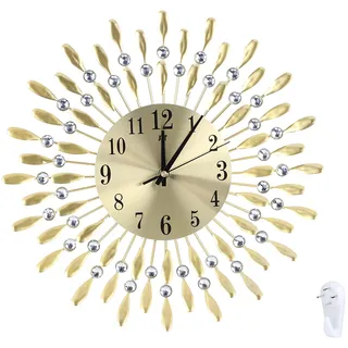HERCHR 15 Zoll Moderne Wanduhr, Gold Metall Kristall Quarz Wanduhr mit arabischen Ziffern für Wohnzimmer Küche Büro Dekor