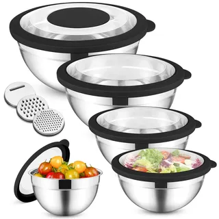 HaWare Rührschüssel 5er Set, Edelstahl Schüssel Salatschüssel Set mit Transparenten Luftdichten Deckeln & 3 Reibenaufsätzen zum Kochen Backen, 4,5L/2,8L/1,5L/1,2L/0,7L, Spülmaschinenfest, Schwarz