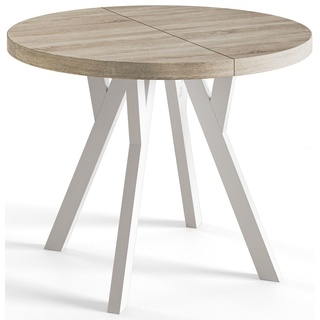Runder Esszimmertisch OVO, ausziehbarer Tisch Durchmesser: 90 cm bis 190 cm, Wohnzimmertisch Farbe: SONOMA, mit Holzbeinen in Farbe Weiß