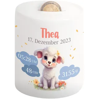 Kinder-Spardose mit Namen & Geburtsdaten personalisiert - Wolken-Motiv - Geldgeschenk für Neugeborenen & Baby - Sparschwein für Mädchen & Jungen - Geschenk zur Geburt, Taufe, Geburtstag (Schaf)