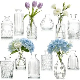 Set Mit 12 Glasvasen, Kleine Vintage-glasvase, Mini-vase, Deko-set, Verschiedene Größen, Blumenvase Für Hochzeitsdekorationen, Transparent, Tischdekoration
