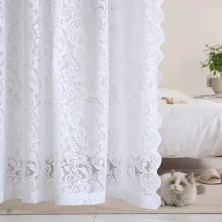 ALIGOGO Spitzenvorhänge, 183 cm Länge, Shabby Chic, für Wohnzimmer/Tür, Vintage, durchscheinend, Blumenmuster, Fenstervorhänge, Tunnelzug, 1 Paar, 132 x 183 cm, Weiß