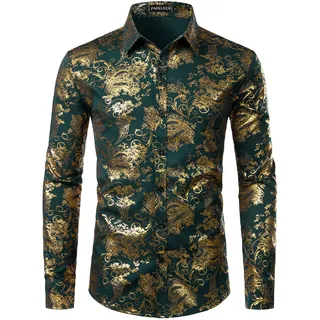 PARKLEES Herren Luxus Paisley Gemustert Golden Glänzend Slim Fit Freizeithemd - XXL