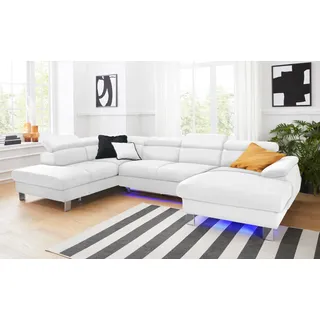 Wohnlandschaft COTTA "Komaris U-Form, B: 320 cm", weiß, Sofas, Kinder, B/H/T: 320cm, Leder PAMPAS, Ottomane links, ohne Bettfunktion,ohne Bettkasten,mit RGB-LED-Beleuchtung,mit Kopfteilverstellung, Microfaser PRIMABELLE (100% Polyester);Kunstleder SOFTLUX;Feinstruktur (100% Polyester);Kunstleder SOFTLUX/Struktur (100% Polyester);NaturLEDER, Wohnlandschaft, mit Kopfteilverstellung, optional Schlaffunktion, Bettkasten & Licht, B:320cm