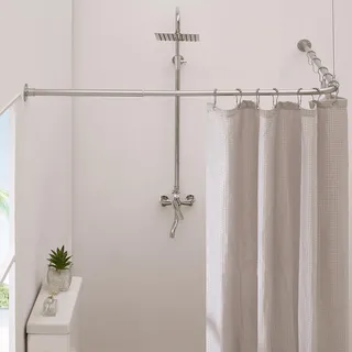 Crkmire Duschvorhangstange L Form verstellbar 100–134x140–214cm, Duschstange L-förmige Eckduschstange mit Deckenhalterung, 15 kg Tragkraft, rostfrei, inkl. 12 Haken, kein Durchhängen (Bohrmontage)