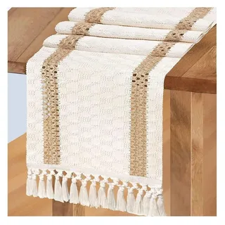 Tischläufer Braun Beige 30x160cm Baumwolle Leinen Makramee Hochzeit Deko Abwaschbar