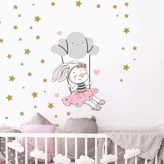Wandtattoo Kinder - Deko Babyzimmer - Wandaufkleber Kinder - Wandtattoo Hase auf Wolke + 100 Sterne - Wandaufkleber Mädchen - H45 x L30 cm