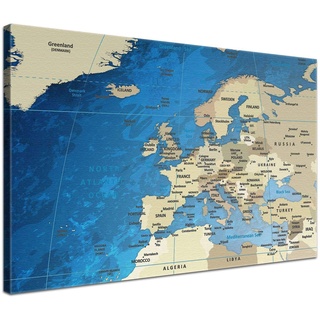 LANA KK – Europakarte Leinwandbild mit Korkrückwand zum pinnen der Reiseziele „Europakarte Blue Ocean” - englisch - Kunstdruck-Pinnwand Globus in blau, in 120x80cm