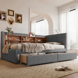 Daybett Leinen Grau 90x200 Cm Mit 2 Schubladen, Lattenrost, Usb/typ-c Und Ablagefächern