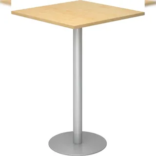 bümö Stehtisch Büro, Bistrotisch eckig 80 x 80 cm - Bartisch Ahorn, Stehtisch Holz-Platte, Säule aus Metall in silber, Buffettisch, Säulentisch,