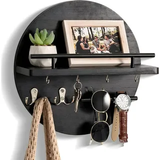 HEYHIPPO Schlüsselbrett Rundes Wandregal mit Ablage, Haken&Schutzbügel, für Flur&Bad, schwarz, (Schlüsselhalter aus Holz mit Postablage – Wandmontage, platzsparend), Wand-Organizer, 11.8 x 3.5cm, 9 kg Traglast, für Schlüssel & Post schwarz