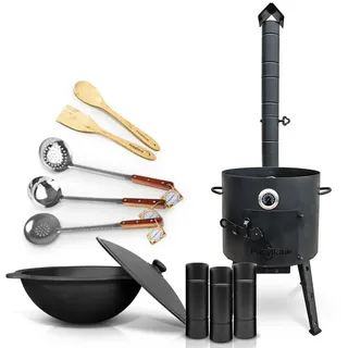Utschak Feuerofen mit abnehmbarem Ofenrohr Gusseisen Topf runder Boden mit Deckel (12 L) KazanoFF, Учаг, Kazan Outdoor, Feuerschale, Camping, Kasan, Gulaschkanone Dutch Oven (Set 12R - 1)