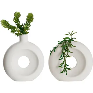 GILDE Dekovase 2er Set Lochvase in weiß - Keramik - Höhe 14/17cm - Deko fürs Haus (2er Set, 2er Set Dekovase - Blumenvase), Vasen - Blumenvasen - Tulpenvase - Tischdeko weiß