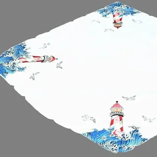 Tischdecke Mitteldecke Tischläufer Maritime Stickerei/Applikationen Wellen und Leuchtturm blau Weiss (85 x 85 cm)