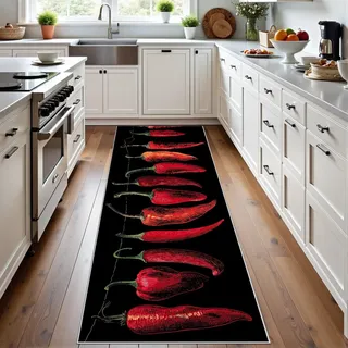 Meugesoi Rot Chili Teppich Läufer, Gemüse Chili Motiv rutschfest Küchenteppich 60x210 cm, Schwarz Kurzflor Küchenläufer Waschbar, Faltbar, Teppichläufer Carpet für Küche, Wohnzimmer