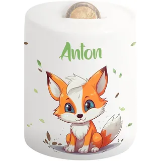 Süße Kinder-Spardose mit Namen – Sparschwein für Mädchen & Jungen – personalisiertes Geschenk zur Einschulung Taufe Geburtstag Weihnachten – Geldgeschenk-Verpackung Kinder (Fuchs, Blätter)