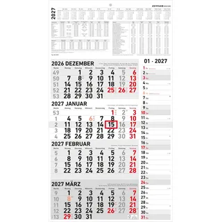 4-Monatskalender Kombi 2027: Wandkalender 33x59 cm mit 4 Monaten pro Blatt, Datumschieber, Wochenzählung, Feiertagen & Ferien ideal für Büro & Homeoffice