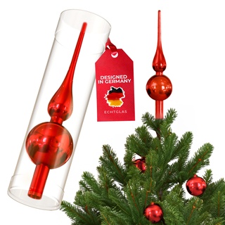 SantaTime Weihnachtsbaumspitze Echtglas glänzend 28cm - Extra Festliche Christbaumspitze aus Glas inkl. Aufbewahrungsbox - Perfekte Tannenbaumspitze (Rot glänzend)