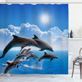 OCEUMACO Duschvorhang 3D Delphin Meer 240x200 Ocean Tiere Motiv Shower Curtains Textil Antischimmel Wasserdicht Duschvorhänge Badewanne Stoff Waschbar Extra Breit Vorhang mit Haken - Blau 2
